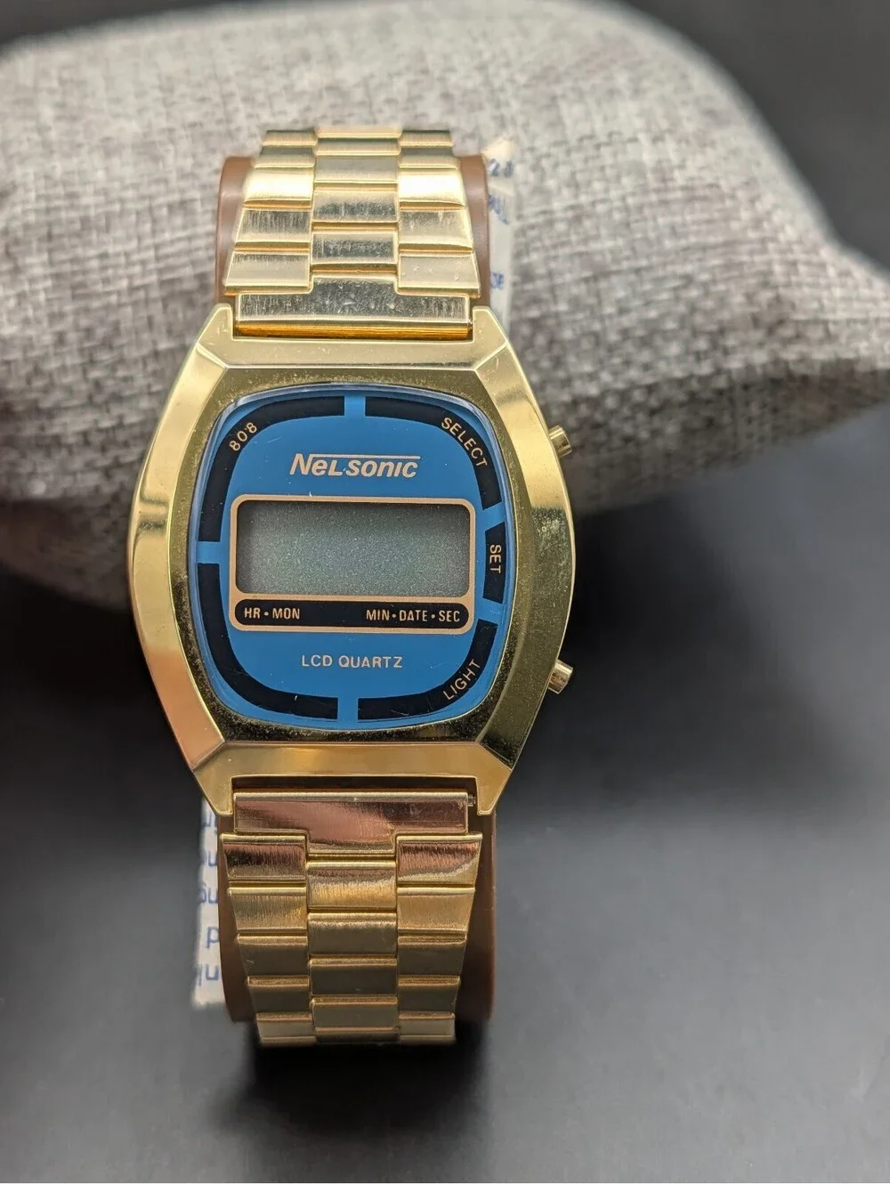 Vintage Nelsonic 808 Gold Tone LCD Digital Quartz Watch Blue Face Paperwork